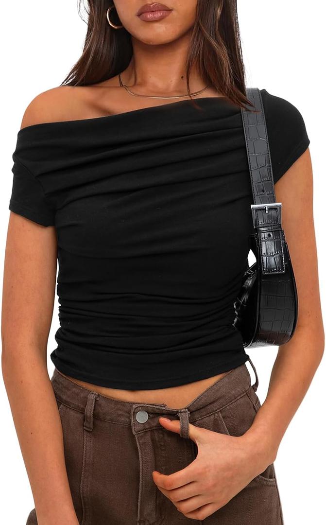 Darong Women's Summer Cap Sleeve Boat Neck Off Shoulder Top Going Out Slim Fit Tops Y2K Tight Shirts (Black, XS)