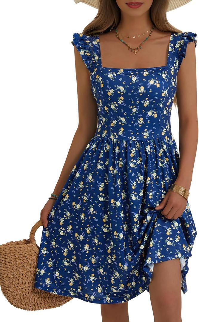 Loemes Summer Casual Cute Floral Flowy Square Neck Sundressses with Pocket Beach Dress for Women (Small, Blue Star Flower-52)
