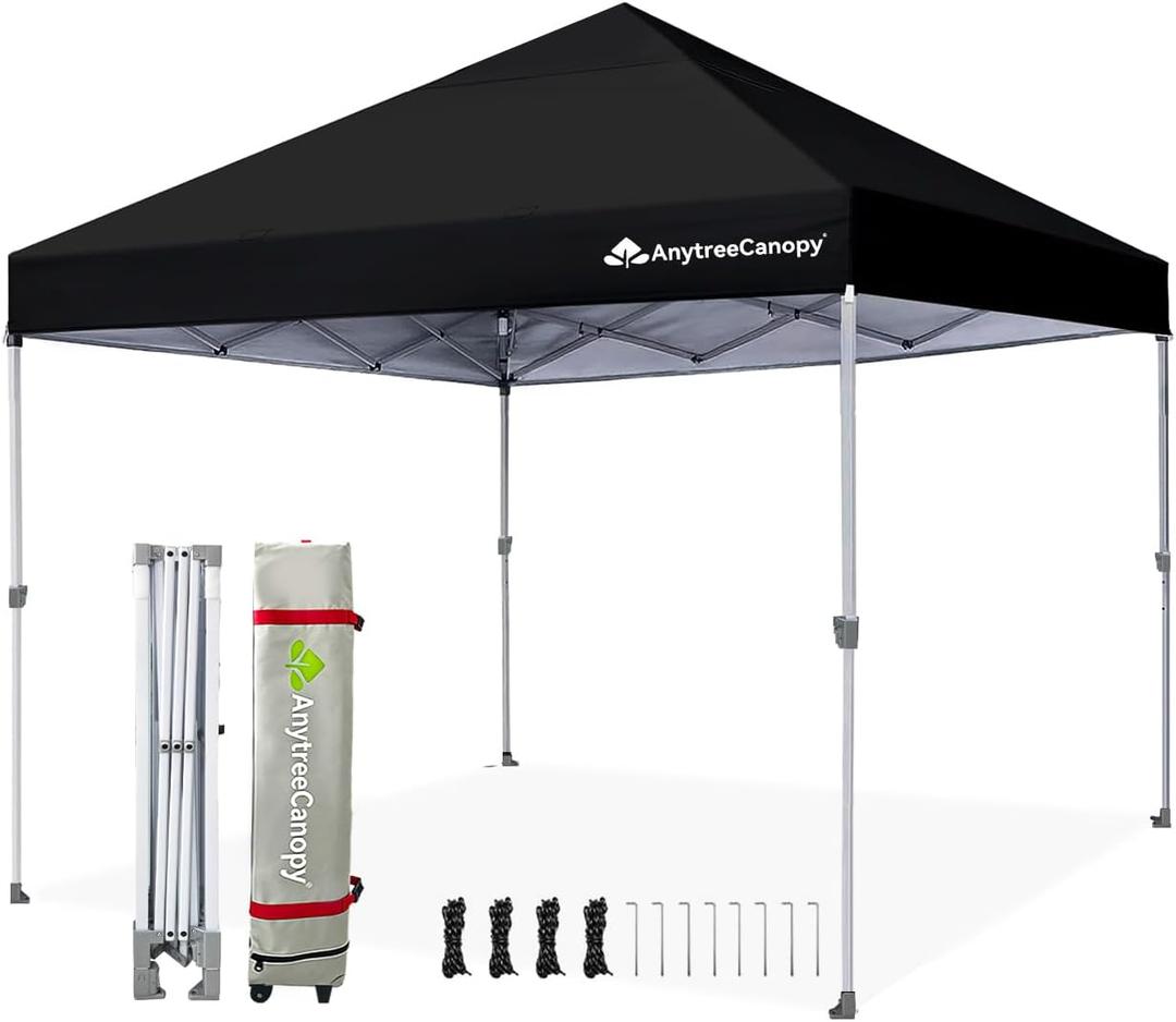 Anytee-10x10 Pop Up Canopy Tent, Easy Up Waterproof Outdoor Canopy with Wheeled Bag, Sun Shade for Patio, Backyard, Parties, Camping-Black