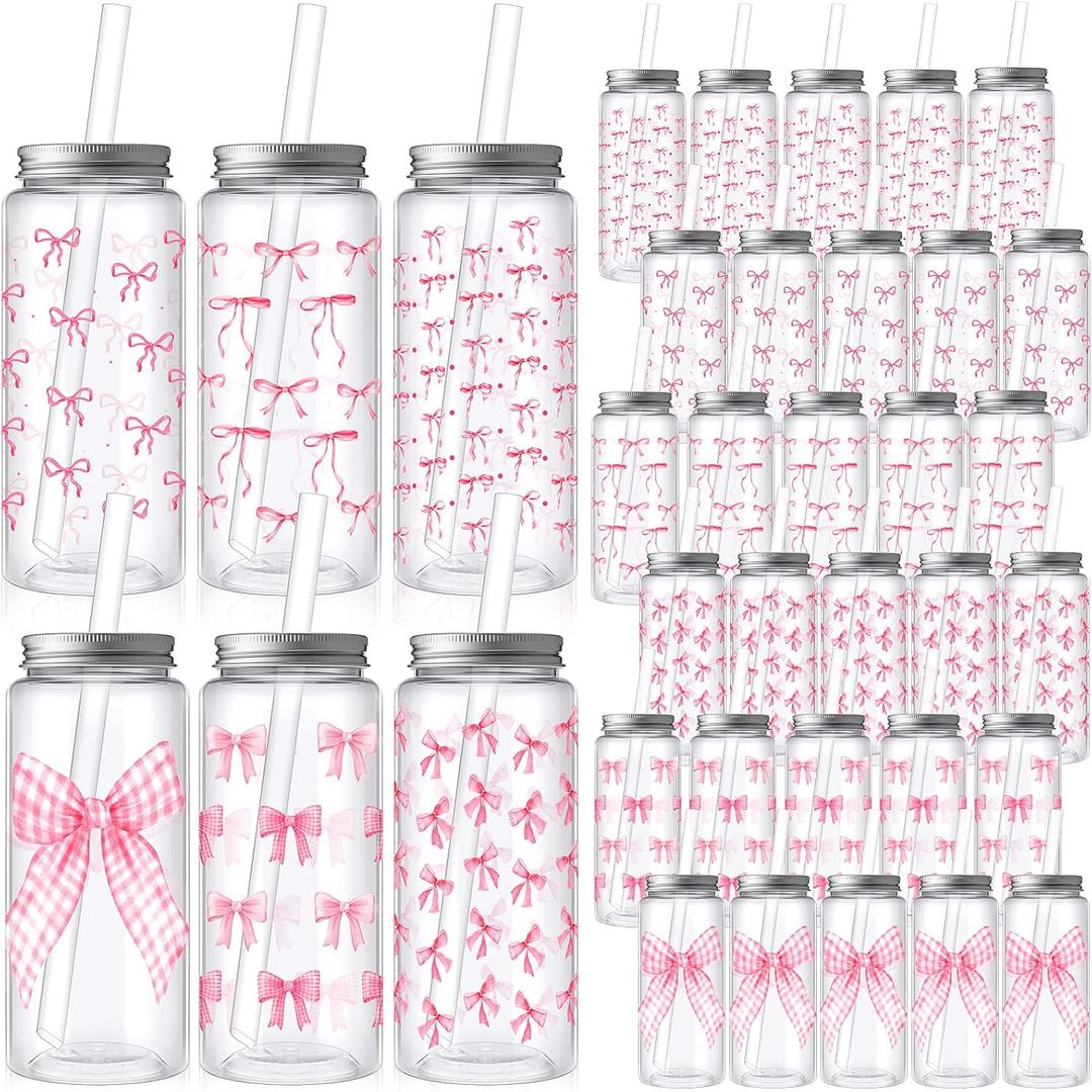 Skylety 30 Pcs Coquette Bow Aesthetic Cup Plastic Tumbler with Lids and Straws 13.5 oz Reusable Cute Plastic Cups for Women Sea Summer Birthday Bridal Wedding Party Supplies