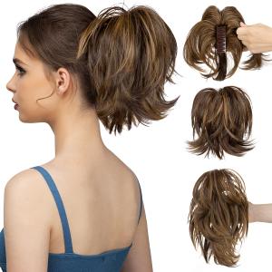 CJL HAIR Claw Clip Short Ponytail Hair Extensions DIY Bendable Metals Messy Bun Hair Piece for Wonen Straight Synthetic Fake Hairpieces Dark Brown/Golden Blonde