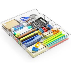 Yieach Expandable Desk Drawer Organizer Tray, 1.8 Inch High Junk Drawer Organizer for Kitchen, Clear Shallow Office Drawer Organizers With 10 Compartments for Pencil, Pen, Office Supplies and Accessories