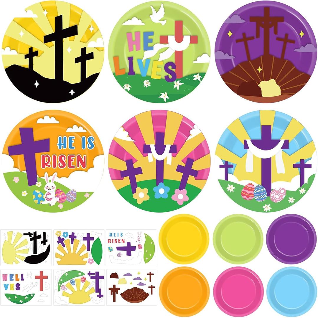 24 Sets Easter Crafts Kit DIY Resurrection Paper Plate Craft Religious He is Risen Craft for VBS Church Sunday School Classroom Christian Easter Day Party Art Project Home Family Activities