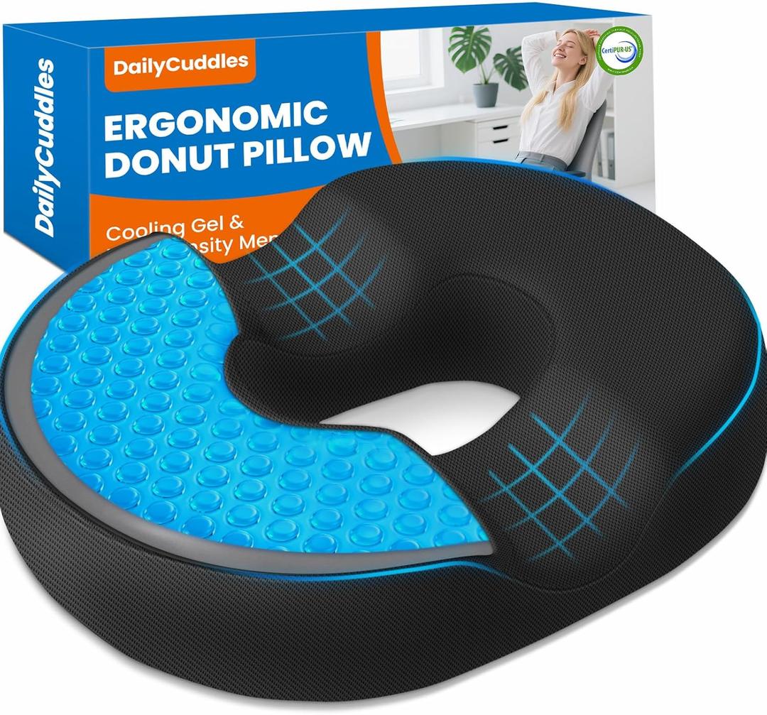 Donut Pillow for Tailbone Pain, Hemorrhoids - Cooling Gel Memory Foam Chair Seat Cushion for Office, Home & Wheelchair, Ergonomic Chair Pad for Pregnancy, Sciatica, Coccyx (XL, Black)