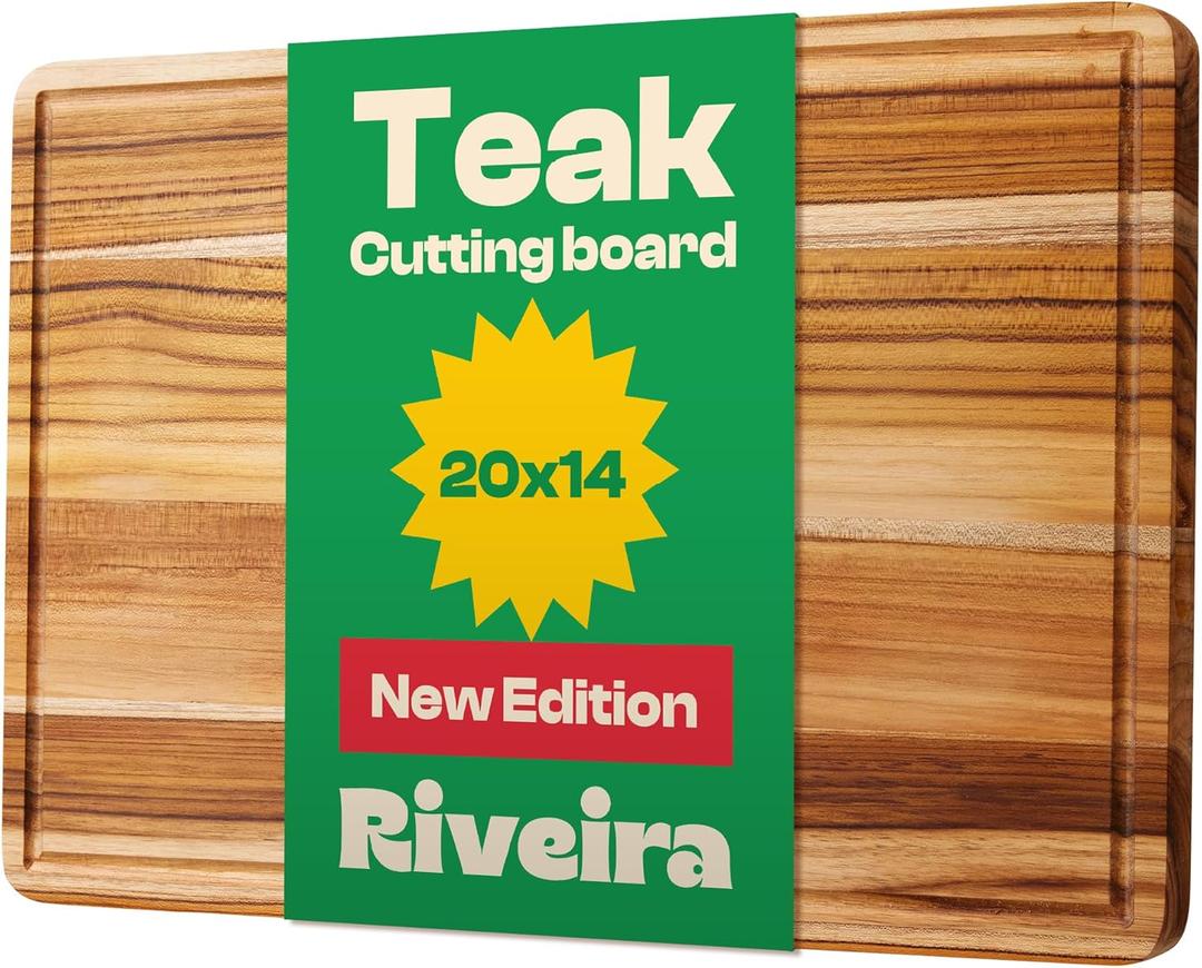 Riveira Teak Wood Cutting Board  Gourmet Teak Grandeur: 20 x 14 Wooden Cutting Board  Natural Wooden Cutting Boards For Kitchen Decorative  Innovative Juice Grooves Teak Wooden Chopping Board