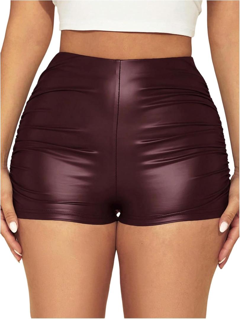 WDIRARA Women's Sexy Faux Leather Skinny High Waisted Shorts Ruched Stretch Mini Short (Burgundy, L)