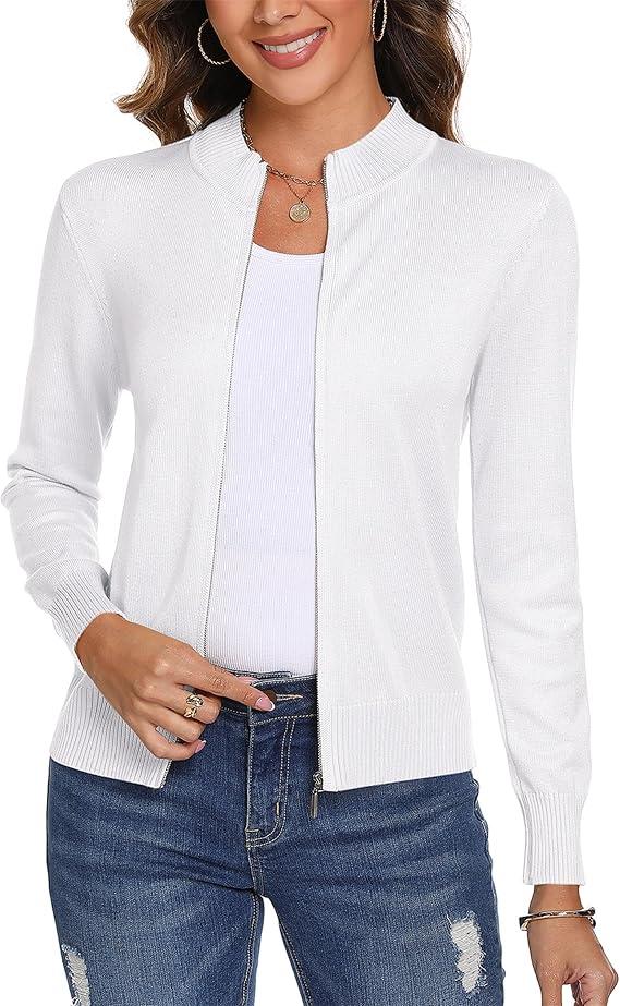 Womens Long Sleeve Knitted Zip Up Sweater Cardigans Sweaters Lightweight Zipper Sweatshirts Jacket size Medium, White