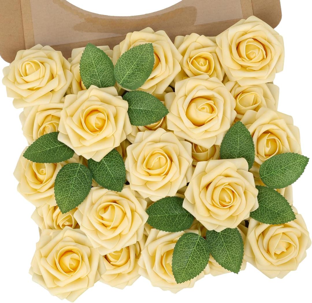 N&T NIETING Artificial Flowers, 25Pcs Fake Flowers Goose Yellow Roses Perfect for DIY Wedding Bouquets Centerpieces Bridal Shower Party Home Flower Arrangement Decorations