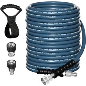 3/8'' Pressure Washer Hose 100FT - Kink Resistant Steel Wire Braided, Wear Resistant, 3/8" Stainless Steel Quick Connect, with M22 14mm Adapter Set, Hot and Cold Water Power Washer Hose, 4200 PSI (Blue)