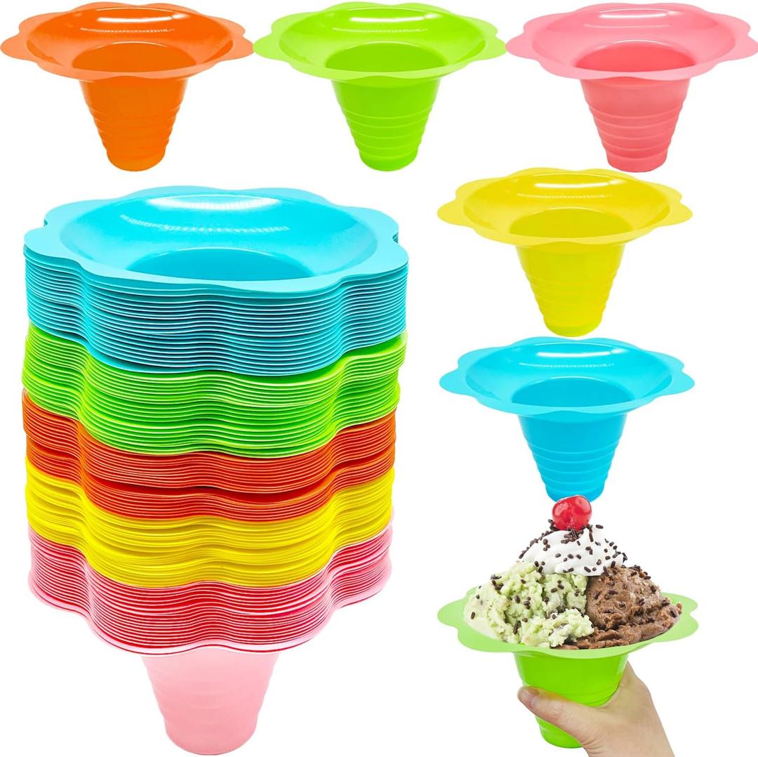 Alaeseje 100 PCS Snow Cone Cups,8 oz Plastic Flower Shaped Shaved Ice Drip Cups,Colorful Snow Cone Bowls for Holiday Summer Beach Party Birthday