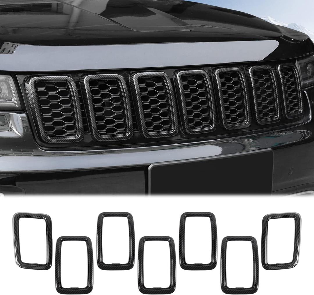 JeCar Front Grill Rings Grille Inserts Cover Trim Kit for 2017-2020 Jeep Grand Cherokee, Carbon Fiber (7Pcs)