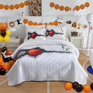 Boys Quilt Set Queen Size for Summer Hot Weather Breathable Skin Friendly Microfiber Teen Kids Quilted Bedding Bedspread Coverlet Set All Season Bed Cover Sport Colorful White Basketball Style (Queen-88*88in)
