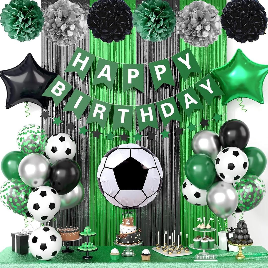 Soccer Party Decorations,Soccer Sports Theme Birthday Decorations,Include Green Black Party Balloons Happy Birthday Banner Fringe Curtain Tissue Paper Pompoms Garland