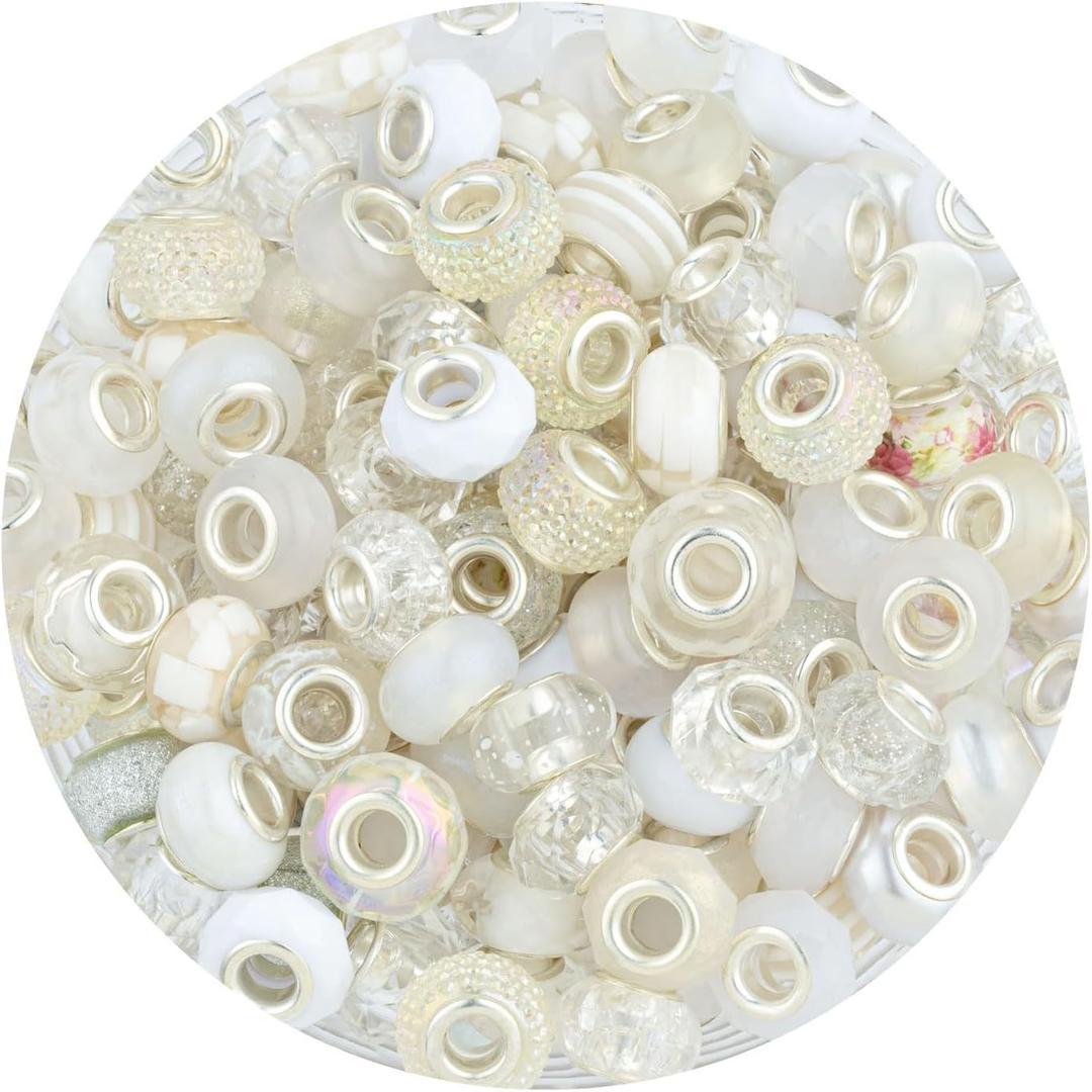 LAIDANLA White Mix Large Hole Beads, 100pcs 15mm Round European-Style Resin, Plastic, Acrylic Craft Beads for Jewelry Making, Bracelet, Necklace, Decoration, 2 Pack