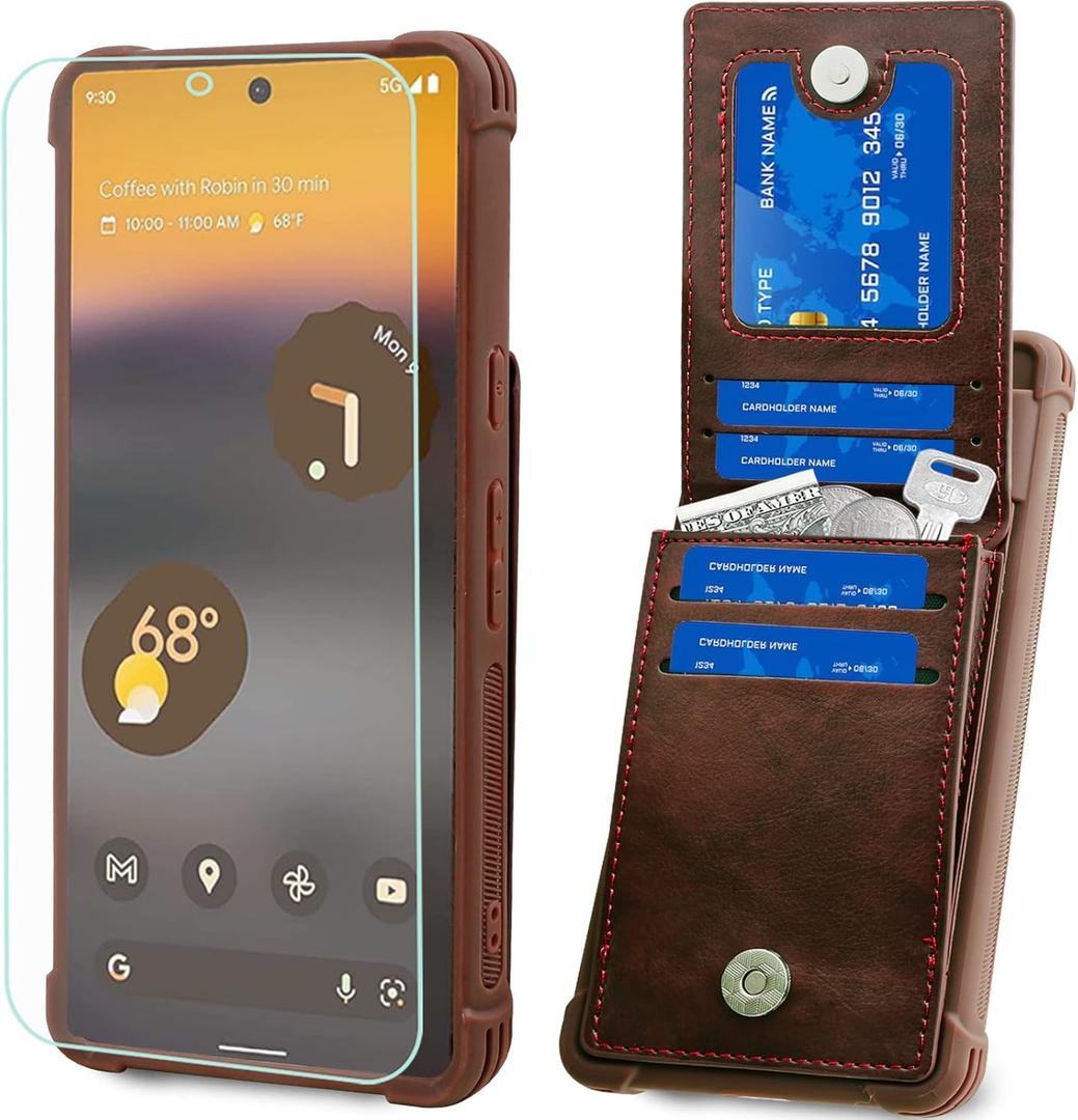 VANAVAGY Compatible for Google Pixel 7 Wallet Case for Women Men,PU Leather Magnetic Clasp Flip Folio Phone Cover with Credit Card Holder and Coin Pocket,Brown