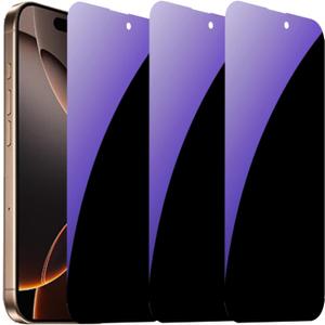 3 PCS Anti-Blue Privacy Tempered Glass for iPhone 16 Pro/iPhone 17 Anti-Spy Screen Protector Anti-Peeping Film 6.3 inch Blue