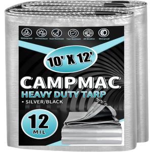 Heavy Duty Tarp 10' x 12', 12 Mil Thick Waterproof Poly Tarps, High Durability, Rip and Tear Resistant with Metal Grommets Every 20 Inches (Silver/Black)