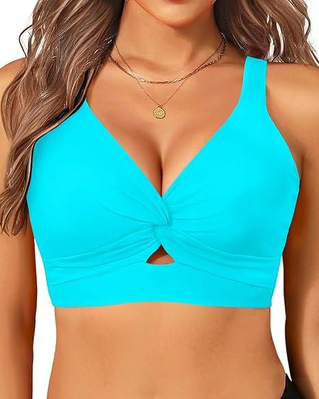 Women's Bikini Top - Supportive Swimsuit for Large Bust - 2025 Cut Out Twist Swim Top - Teal, Size: Large