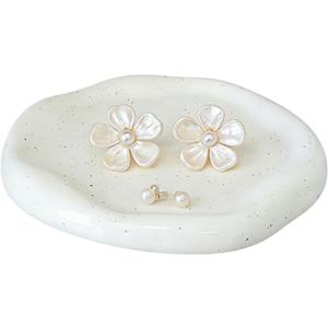 CHENACC Ceramic Jewelry Tray, White Round Cloud-Shaped Vanity Decorative Dish-Stylish Room Aesthetic Accessory, Catchall for Jewelry Watches Keys Round Plate Holder (7.5")