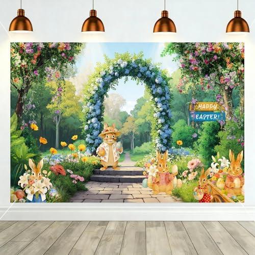 Happy Easter Photo Backdrop, Watercolor Easter Wall Decoration for Photography, Spring Bunny Banner with Colorful Egg Flowers Balloons for Party Decor & Supplies, 7143''