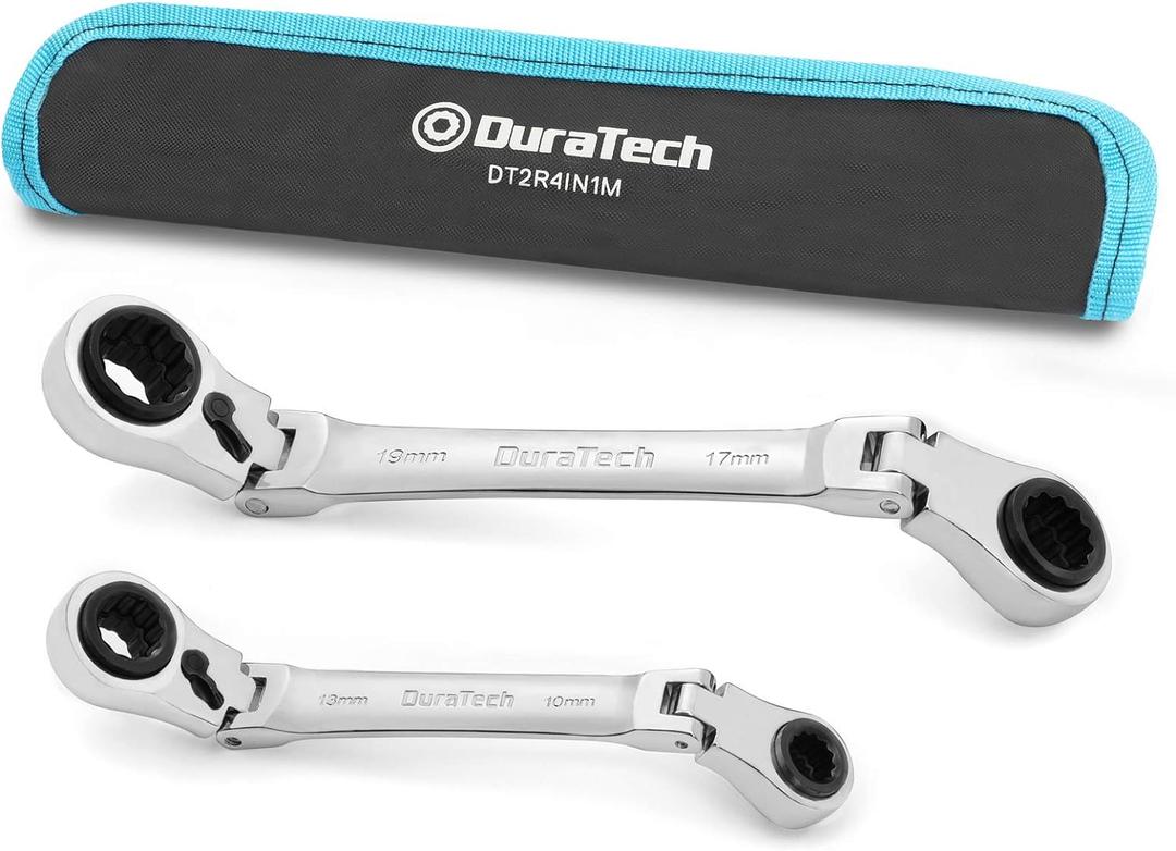 DURATECH 4-in-1 Flex-Head Reversible Ratcheting Box Wrench Set, Metric, 2-Piece, 8mm to 19mm, 12 Point, CR-V Steel, with Rolling Pouch