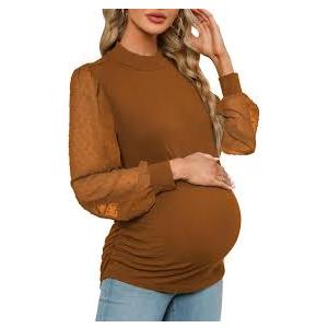 Women's Maternity Shirt Long Sleeve Top Swiss Dot Mock Neck Ribbed Knit Striped Ruched Side Blouse, L, BrownB