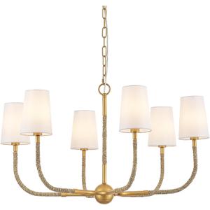 34" Boho Chandelier, with Creamy-White Fabric and Natural Rattan Arched Arms Shade Antique Brass Brush Paint Finish Pendant Lighting Fixture for Dining Room Living Room 6-Light
