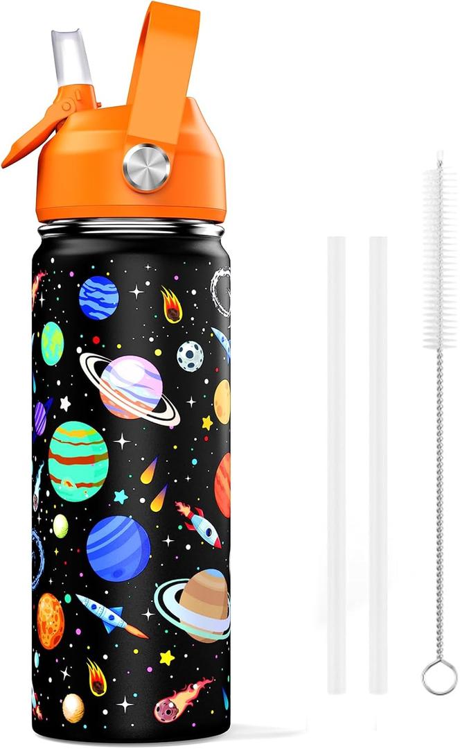 18oz Kids Insulated Water Bottle with Straw Lid - 18/8 Stainless Steel Kid Cup BPA-FREE Travel Tumbler Double Wall Vacuum Leak Proof Portable Toddler Water Bottle (Space)