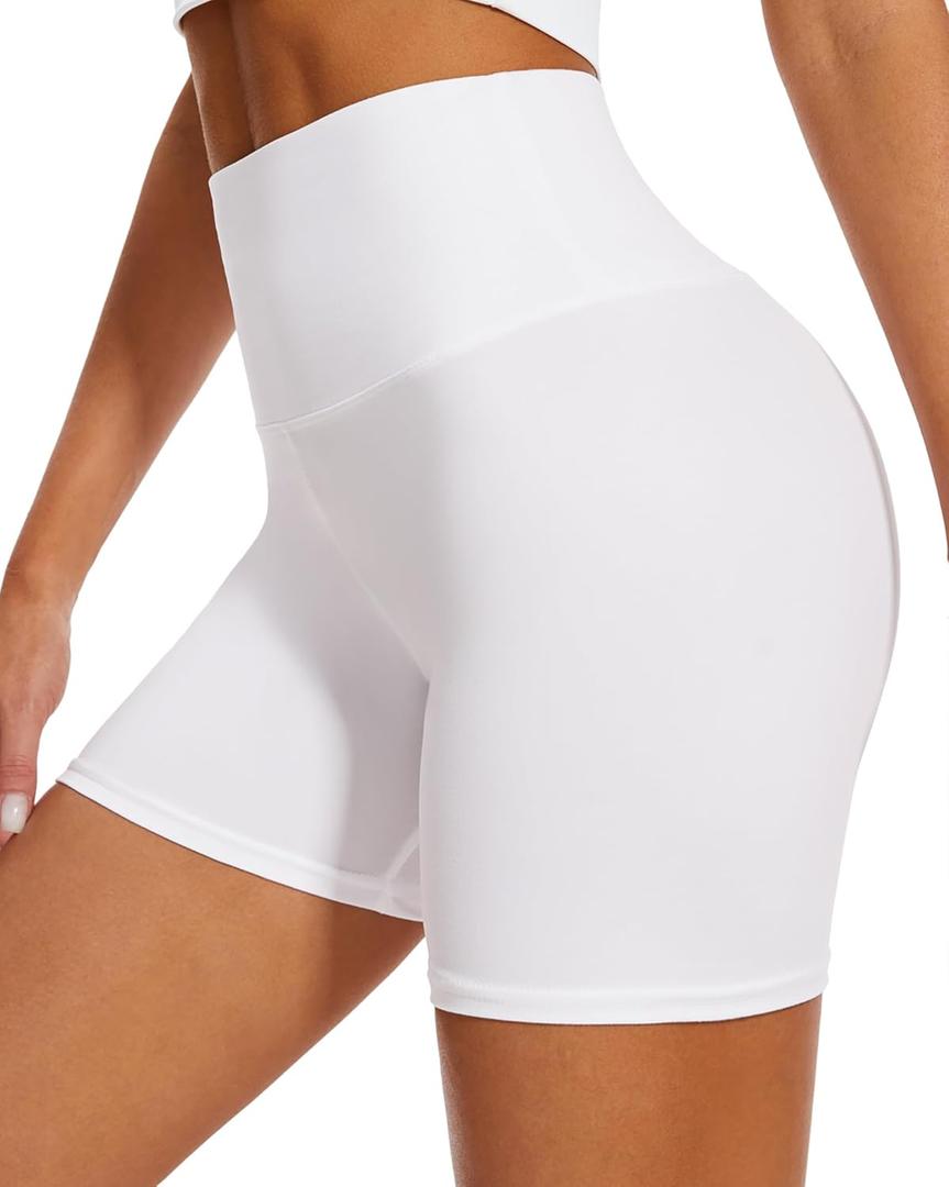 DHSO High Waisted Biker Shorts for Women-5" Tummy Control Fitness Athletic Workout Running Yoga Gym Shorts, White L-XL