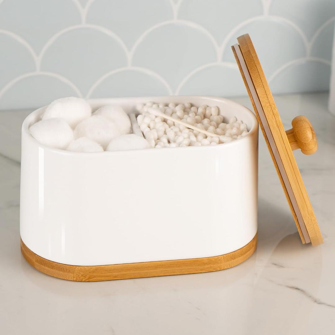 DAILY RITMO Large White Cotton Swab & Ball Holder Dispenser | Two Sided Dual Compartment Container with Air Tight Seal Bamboo Lid |Decorative Facial Sponge Gauze Floss Rounds Canister