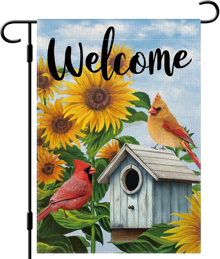 DLZDN Welcome Sunflower Cardinal Garden Flag 1218 Inch Double Side Vertical Burlap Farmhouse Yard Flag Spring Summer Seasonal Outdoor House Decoration
