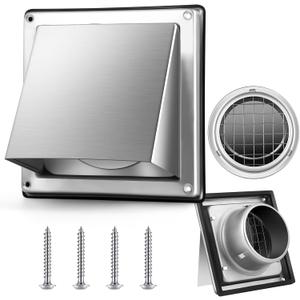 Gisafai Dryer Vent Cover Outside Walls External Extractor Fan Exhaust Vent Cap Stainless Steel Hood Cushioned Non Return Flap with Sealing Gasket Grille Screen(4'',Silver)
