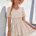 AGERWAY Womens Rompers Summer Casual Short Sleeve V Neck Dressy Layered Ruffle Hem Smocked Waist Jumpsuits One Piece Outfits (Beige, S)