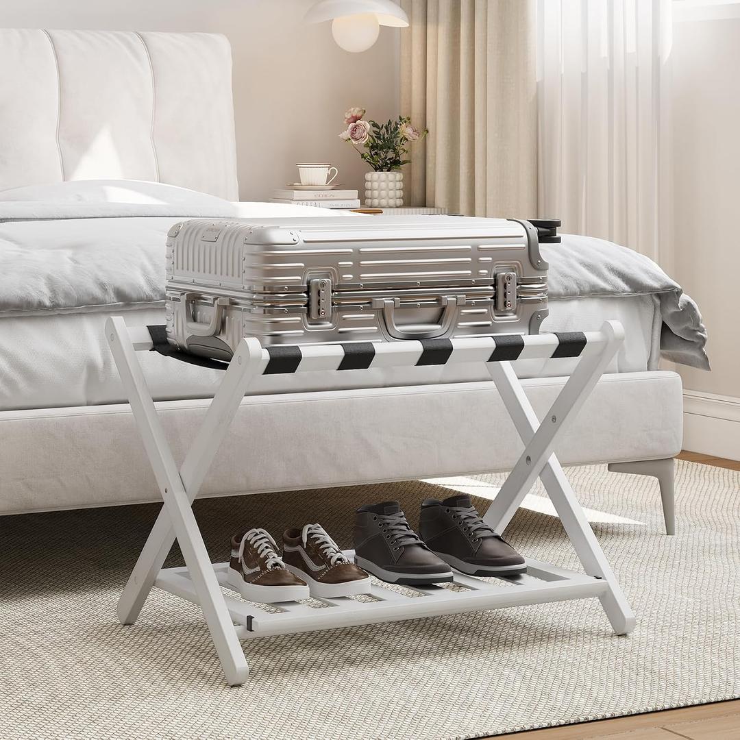 Smart FENDEE Fully Assembled White Bamboo Luggage Rack, 5 Straps Folding Suitcase Stand with Shoe Shelf, Heavy Duty Wood Large Luggage Holders for Guest Room, Bedroom, Hotel