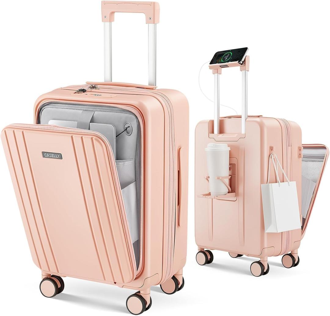 Carry on Luggage Top opening Suitcases, Expandable with Cup&Phone Holder and USB Charging Port,Hardside with Front Pocket Rolling Suitcases with Spinner Wheels & YKK Zippers (Pink, 20 Inch)