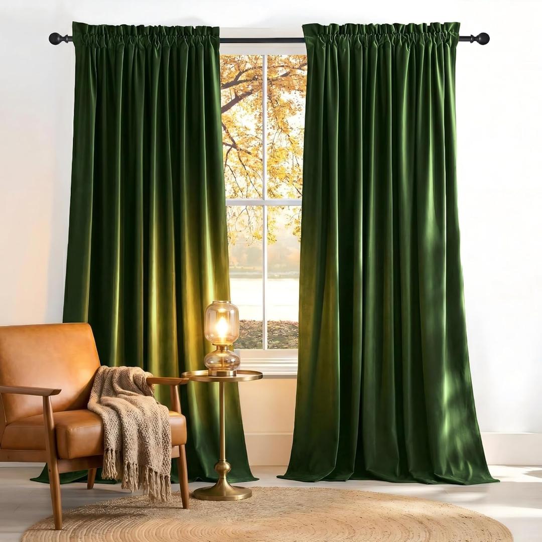 NICETOWN Olive Green 90 inch Long Velvet Curtains for Bedroom 2 Panels, Thermal Insulated Room Darkening Heavy Duty Velvet Drapes for Living Room, Privacy Protection Window Treatment, W52 x L90