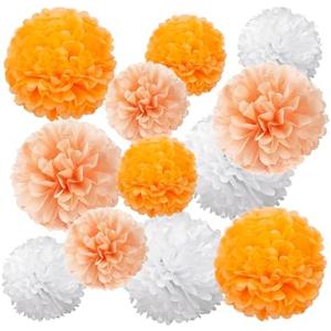 ZOOYOO Orange Peach White Paper Pom Poms, Orange Pink Party Decoration for Fall Autumn Thanksgiving Harvest Party Classroom Decoration Birthday Anniversary 12PCS, Set of 4