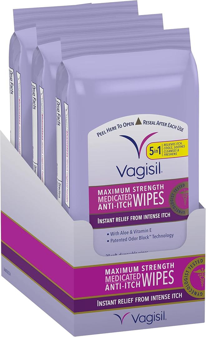 Vagisil Wipes, Anti-Itch Medicated Feminine Vaginal Wipes, Maximum Strength, Instant Relief, 20 Wipes (Pack of 3)