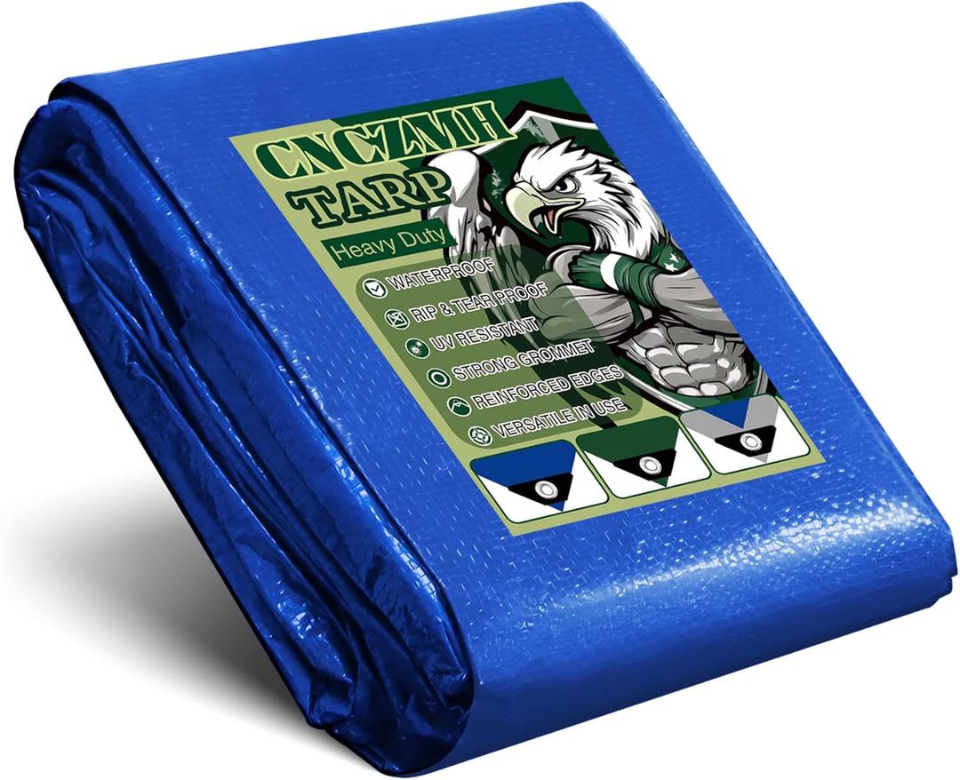 Tarp Waterproof 10x20 Feet, 8 Mil Thick Finished Size Blue Poly Tarpaulin Outdoor, Metal Grommets, Reinforced Edges, Multipurpose Tarps Protective Cover for Camping Boat Plant