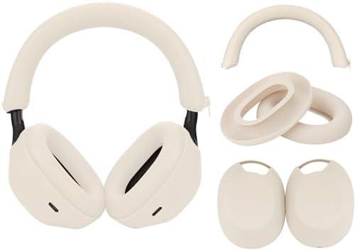 Adhiper 3Sets Silicone Sweat Case Cover for Sony WH-1000XM5 Headphones, Embody XM5 Earpad Cover/Ear Covers/Headband Cover Protector, Washable Sweatproof Soft Silicone Headphone Accessories（Off White）