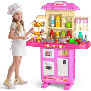 Play Kitchen Playset, Girls Kitchen Toys for Ages 2-6 4-8 with Light, Sound and Spraying, Sink Toy Accessories, Cooking Stoves, Pretend Food for Toddlers 1-3 3-5