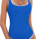 BMJL Women's One Piece Swimsuit Sports Adjustable Strap Bathing Suit Color Block Ribbed High Cut Swimsuits (Medium, Royal Blue029)