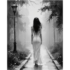 Black and White Paint by Numbers Kit for Adults - DIY Woman Walking in Foggy Forest Path Painting on Canvas 16x20 Inches, Acrylic Paint Set, Suitable for Beginners, Moody Art for Decoration