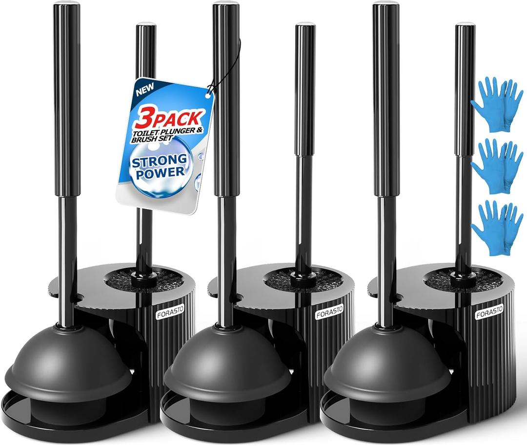 3Pack 2 in 1 Toilet Brush and Plunger Set, Extended Handle Plunger,Toilet Bowl Brush Plunger Set,Bathroom Cleaning Tools,Toilet Brush Plunger Combo,Cleaning Brush,Cleaning Supplies (21inch) (Black)