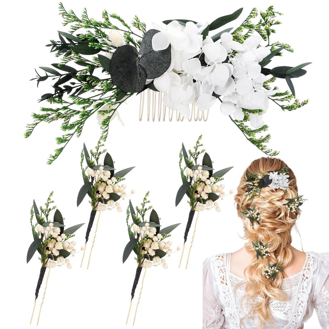 5 Pcs Bridal Baby Breath Hair Pins and Comb Sage Green Wedding Hair Accessories Hydrangea Eucalyptus Dried Flower for Bridesmaids Women Girls