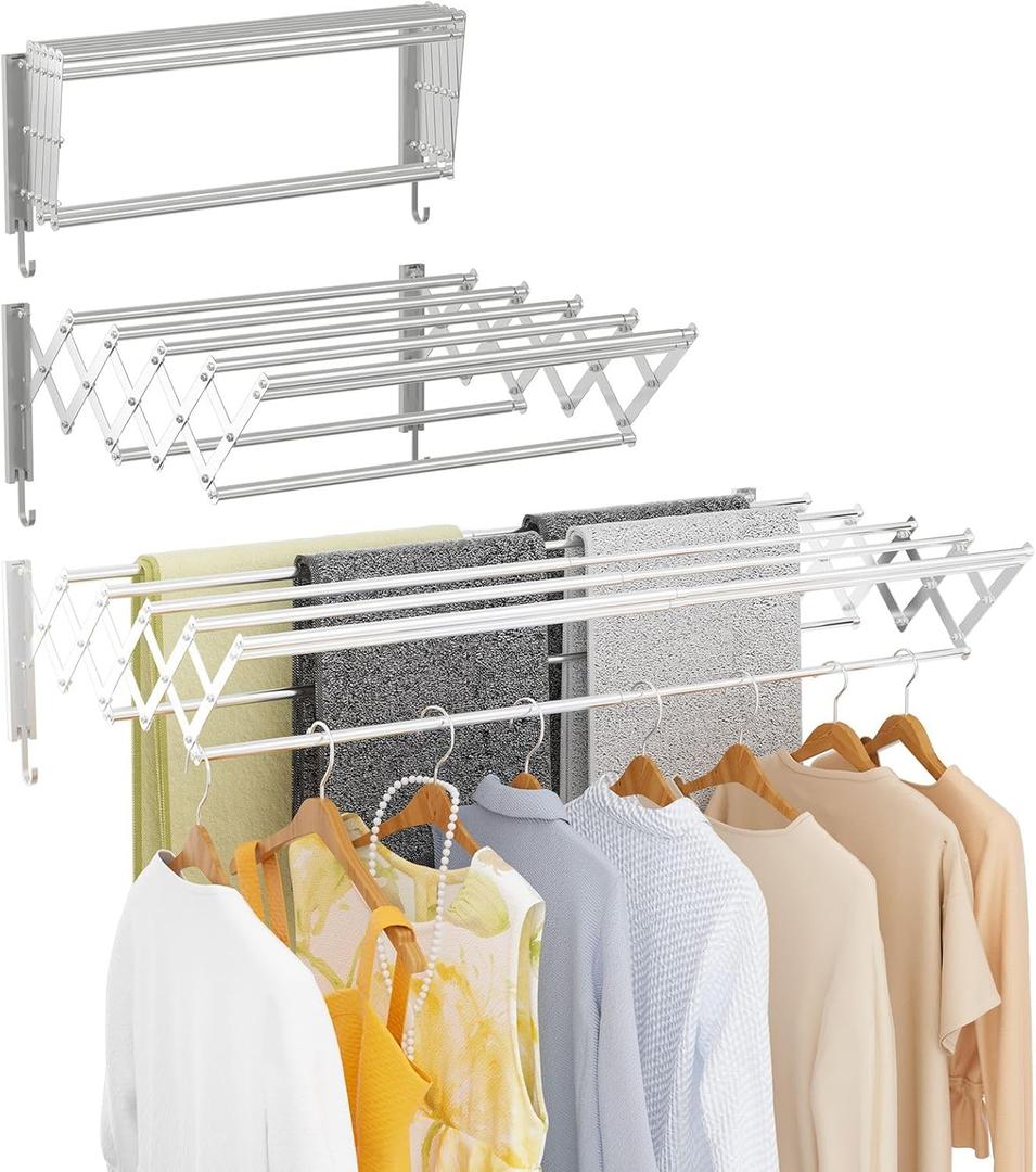 | Clothes Drying Rack Wall Mounted with Hooks - Foldable & Removable Laundry Drying Rack, Extendable 21"-39.4", 110lbs Heavy Duty Drying Rack with 7 Stainless Steel Rods for in & Out Door