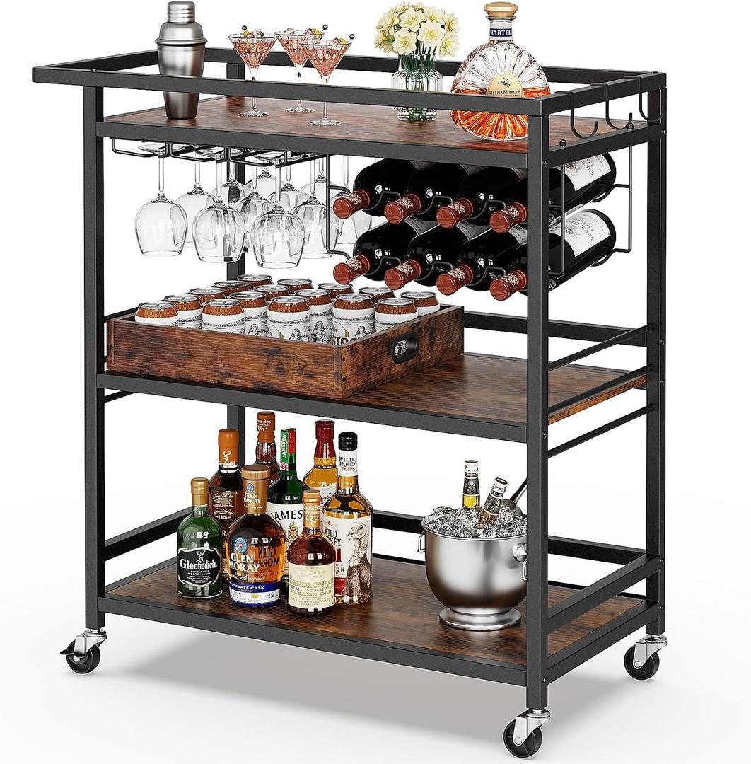 Leteuke Bar Cart for Home, 3 Tier Black Serving Rolling Carts with Wheels, Drink Cart, Liquor Stand with Removable Tray, Wine Rack and Glass Holder for Kitchen, Outdoor, Dining Room-Black Brown, 15”D X 31.49”W X 38”H
