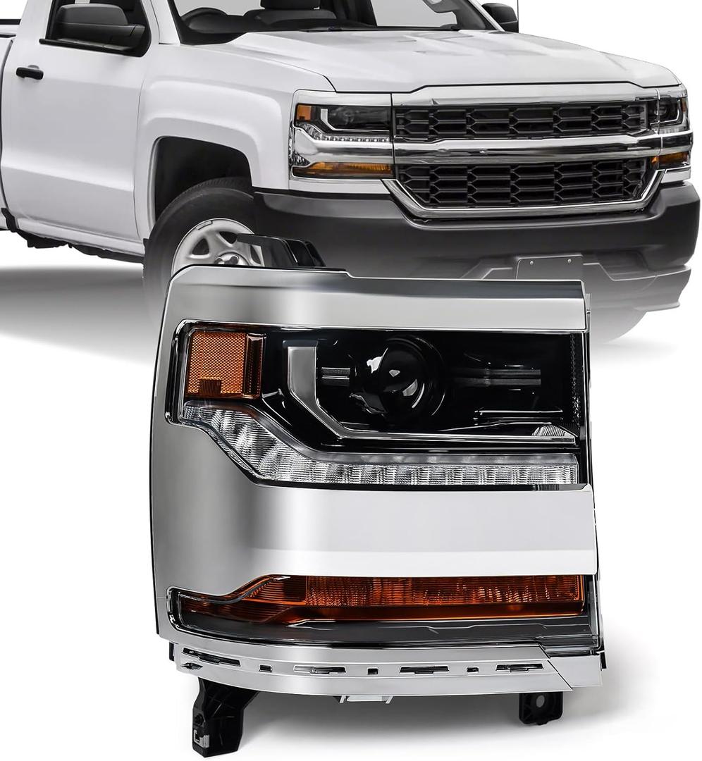 Headlight Assembly Compatible with Chevy Silverado 1500 2016 2017 2018 (Hid/Xenon Model) Factory Replacement Head Light Lamp Chrome Housing Right Passenger Side