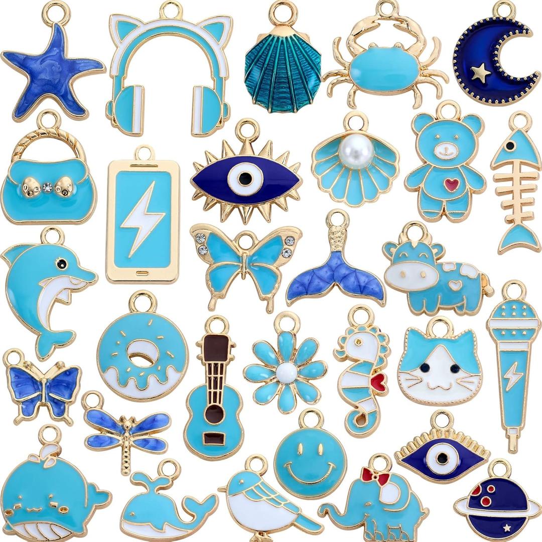 Anjulery 30Pcs Charms for Jewelry Making and Crafting - Assorted Enamel Charms for Bracelets Necklaces Earrings Pendants (Blue)