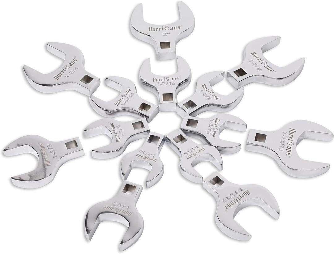 HURRICANE 1/2 Drive Crowfoot Wrench Set, 14 Piece Jumbo Crowfoot Flare Nut Wrench Tool Set, SAE Sizes from 1-1/16" to 2" with Storage Tray, With Fully Polished Chrome Finished